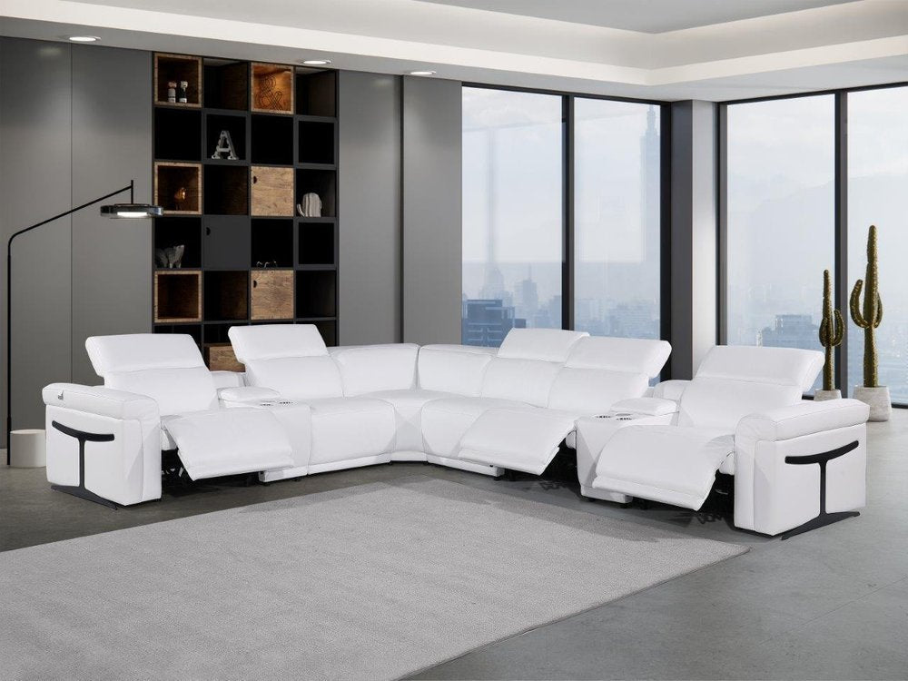 White Italian Leather Modular L Shaped Eight Piece Corner Sectional With Console - FurniFindUSA