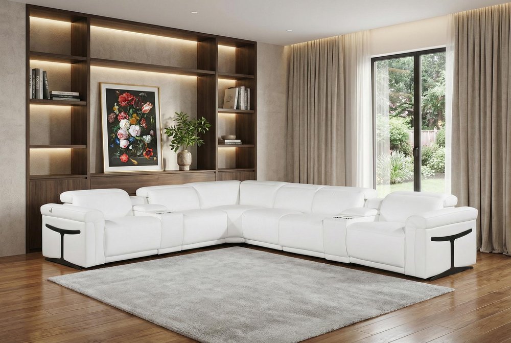 White Italian Leather Modular L Shaped Eight Piece Corner Sectional With Console HomeRoots