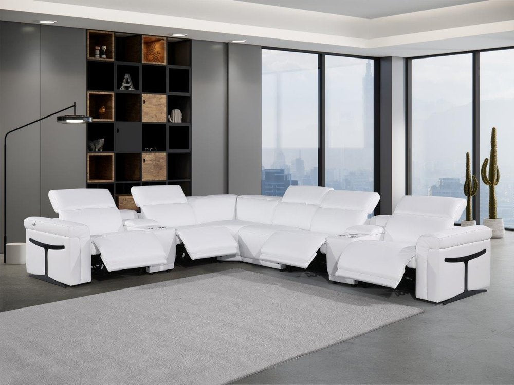 White Italian Leather Modular L Shaped Eight Piece Corner Sectional With Console - FurniFindUSA