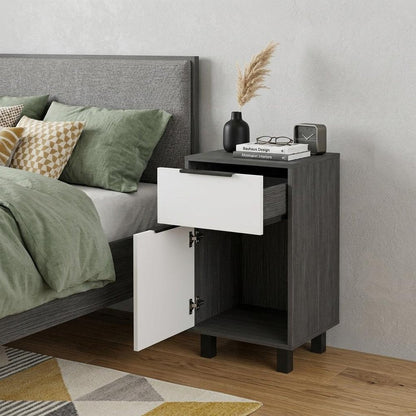 28" Dark Gray And White Wood One Drawer Nightstand