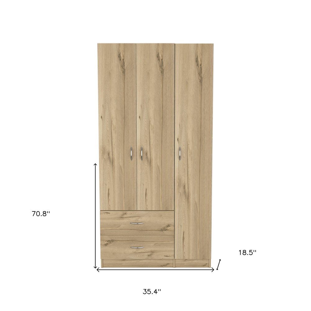 71" Oak Wood And Metal Three Door Two Drawer Combo Dresser