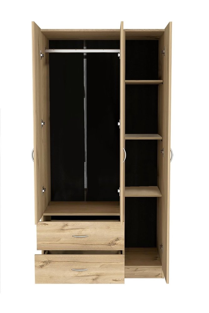 71" Oak Wood And Metal Three Door Two Drawer Combo Dresser