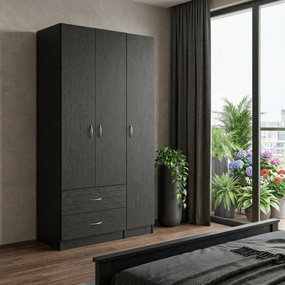 71" Black Wood And Metal Three Door Two Drawer Combo Dresser