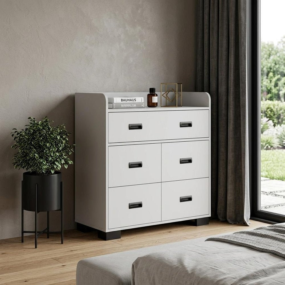 33" White Wood And Metal Five Drawer Dresser