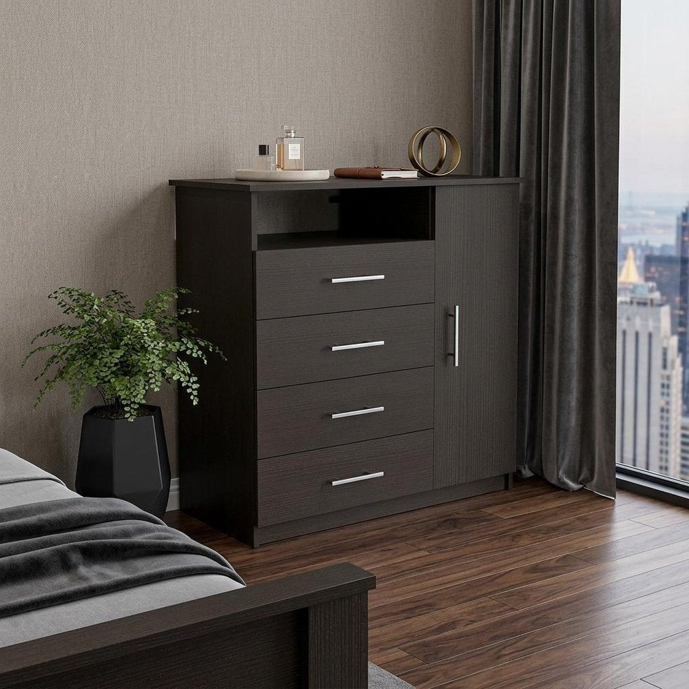 35" Black Wood And Metal Four Drawer Combo Dresser — view 5