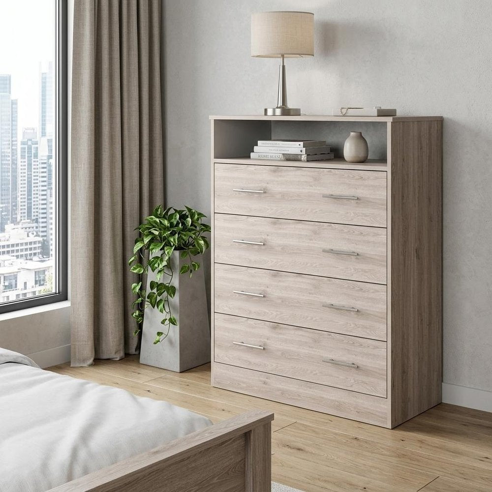 33" Light Gray Wood And Metal Four Drawer Dresser