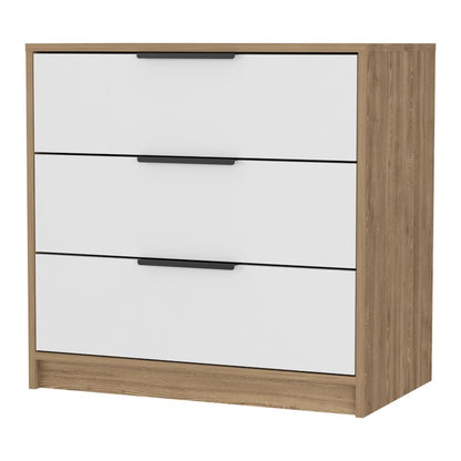 28" Oak And White Wood And Metal Three Drawer Dresser