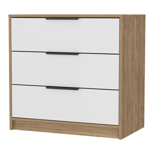 28" Oak And White Wood And Metal Three Drawer Dresser