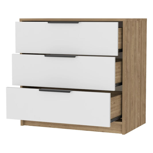 28" Oak And White Wood And Metal Three Drawer Dresser