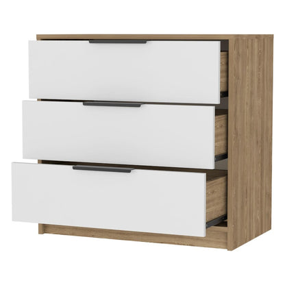 28" Oak And White Wood Three Drawer Dresser HomeRoots