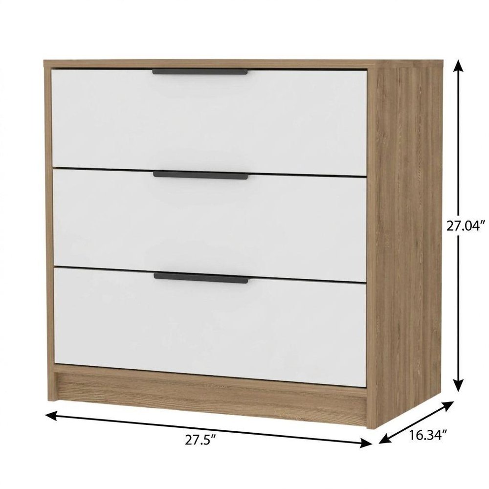 28" Oak And White Wood Three Drawer Dresser — view 3