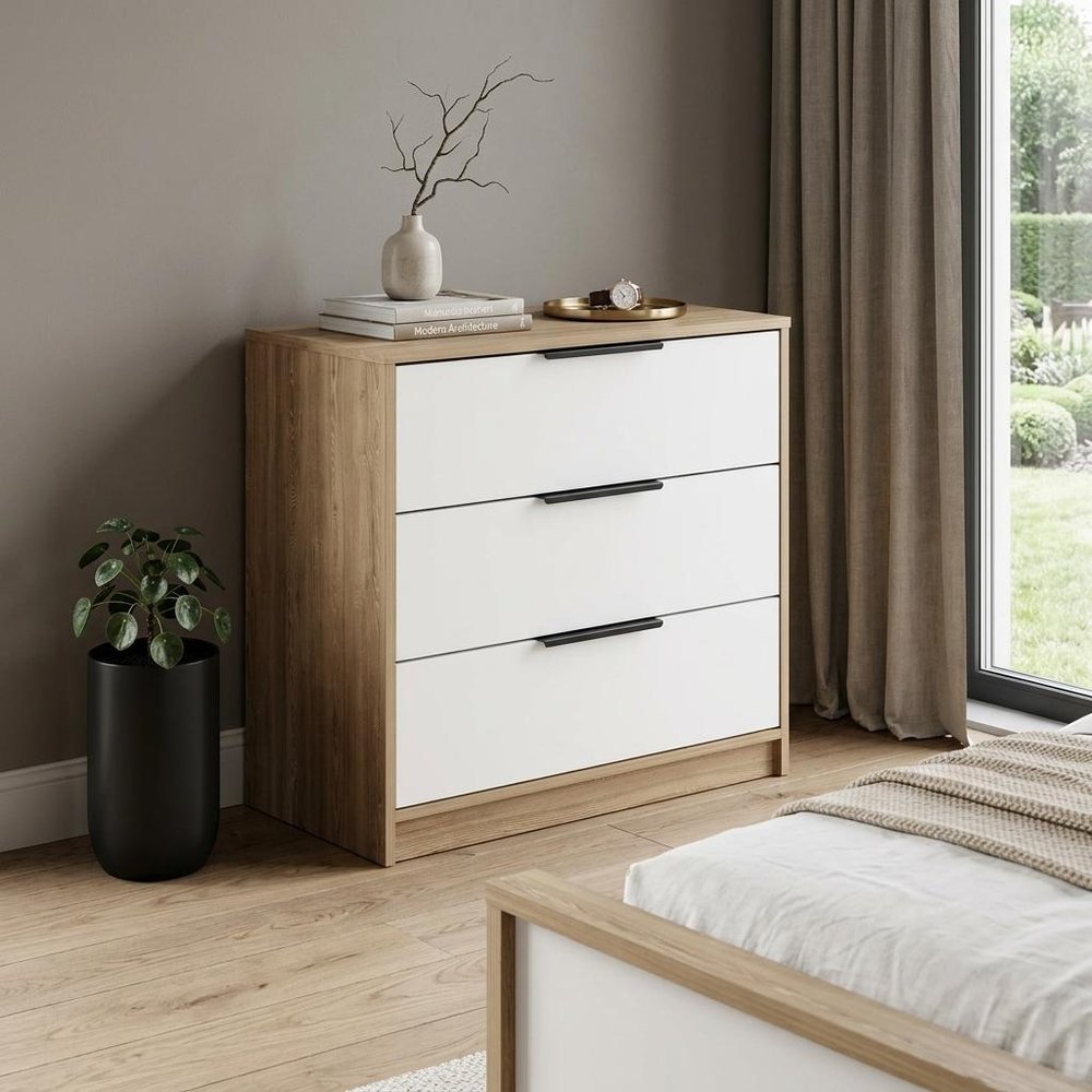 28" Oak And White Wood Three Drawer Dresser — view 4