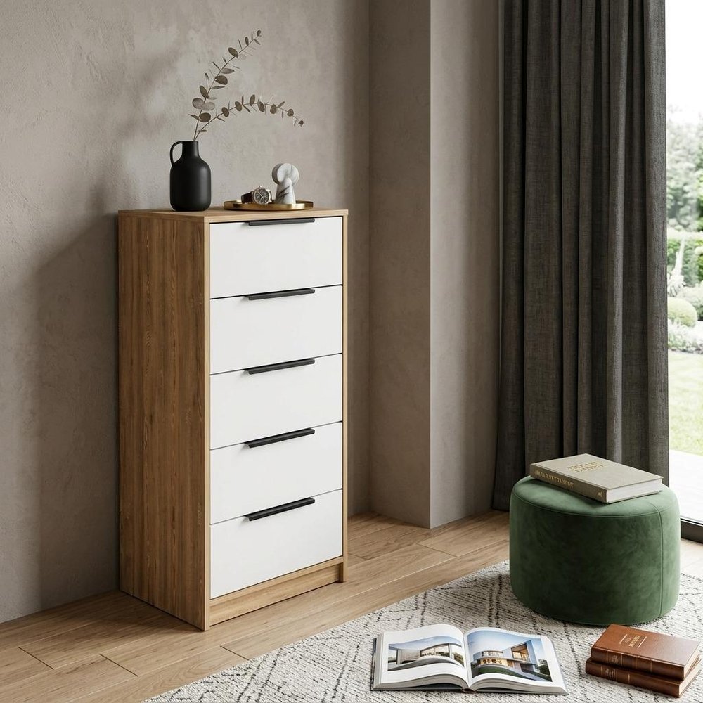 18" White And Natural Wood And Metal Five Drawer Dresser — view 5