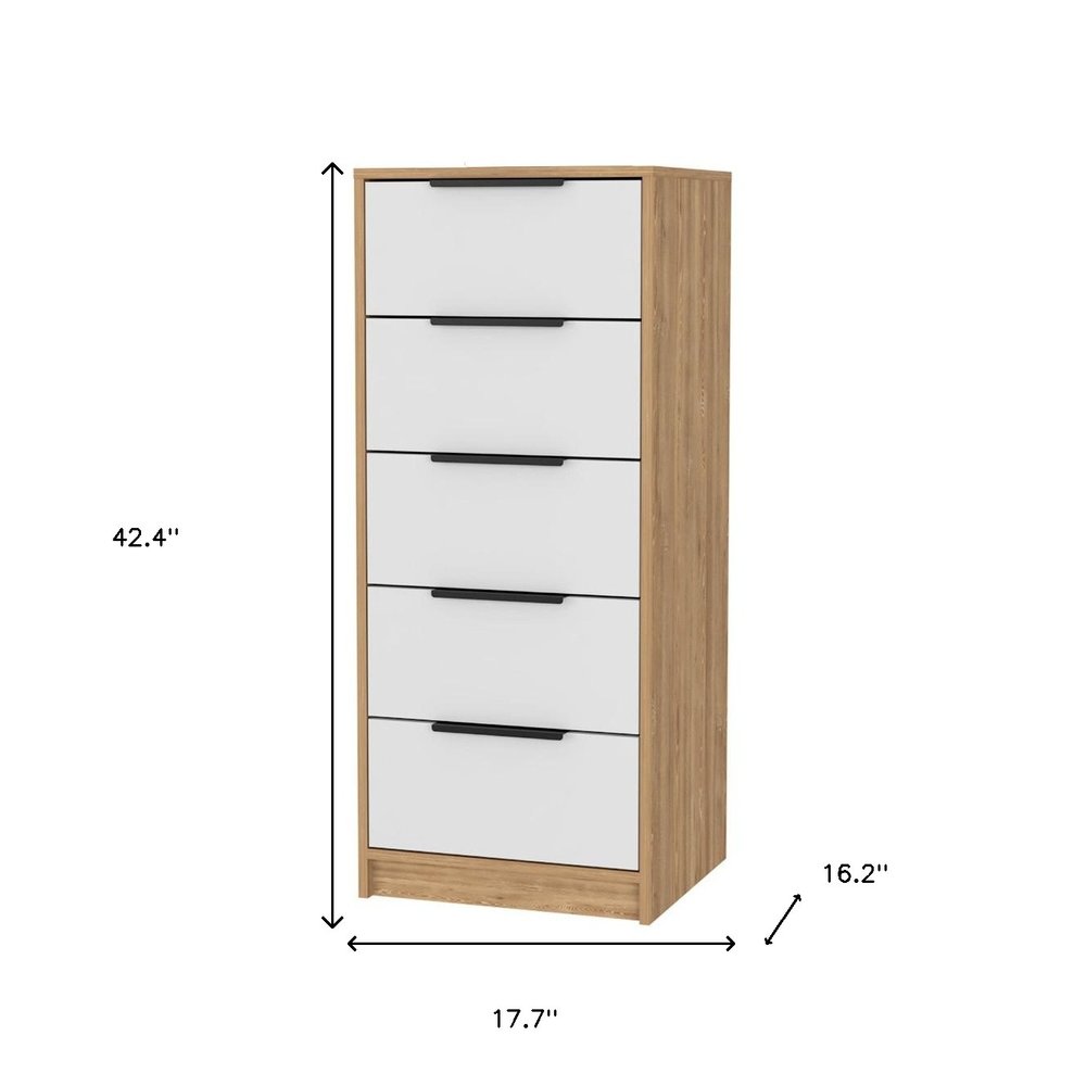 18" White And Natural Wood And Metal Five Drawer Dresser