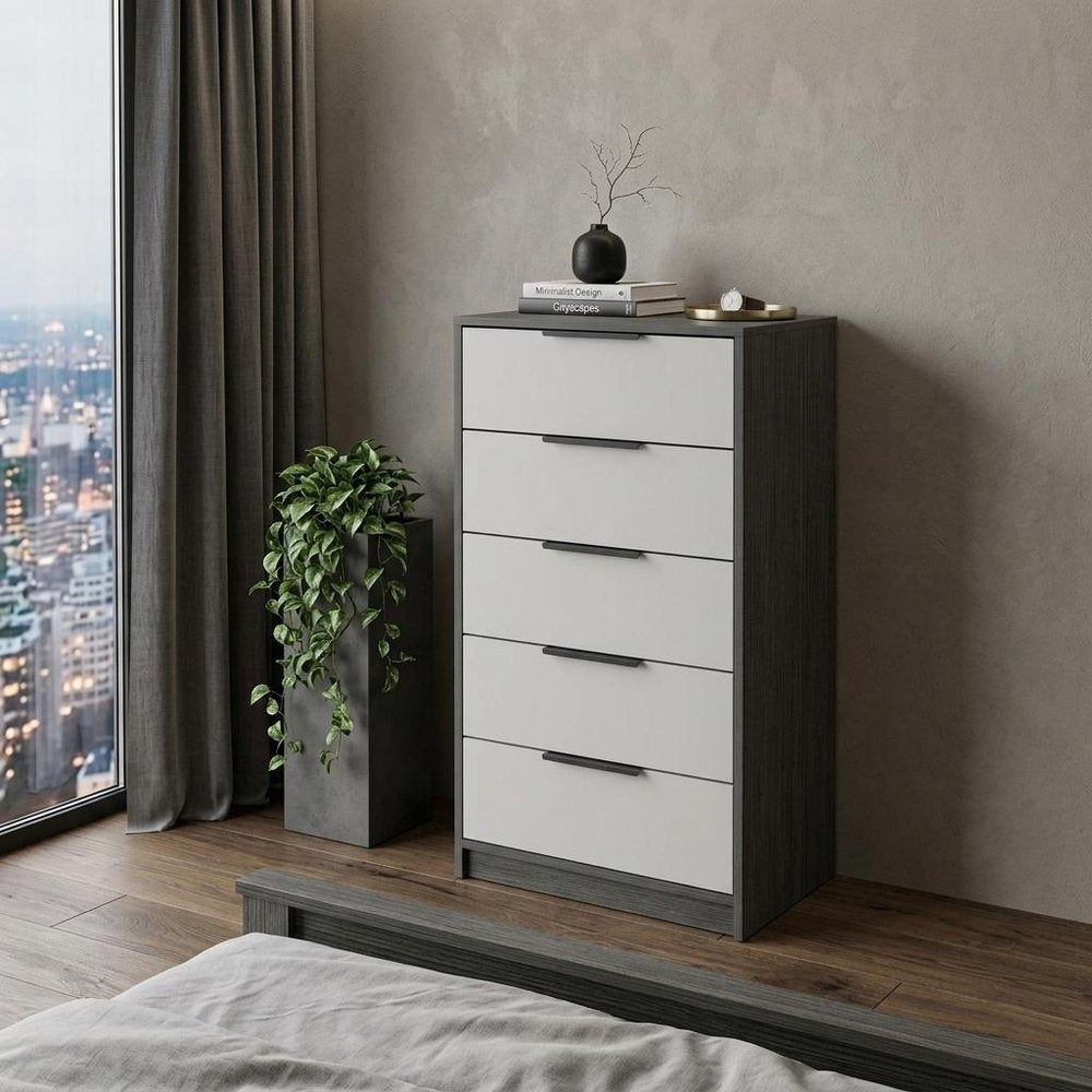 18" White And Natural Wood And Metal Five Drawer Dresser