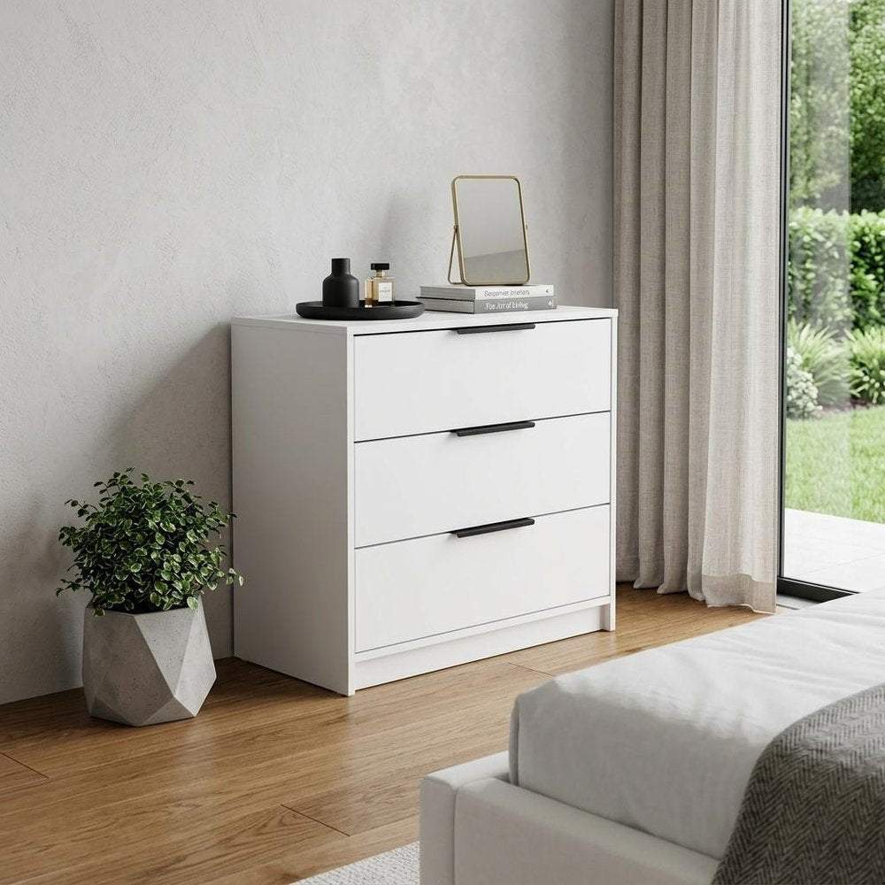 28" White Wood And Metal Three Drawer Dresser
