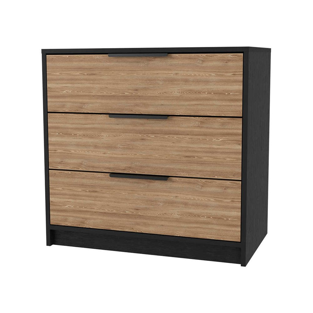 28" Black And Oak Wood And Metal Three Drawer Dresser