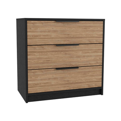 28" Black And Oak Wood And Metal Three Drawer Dresser