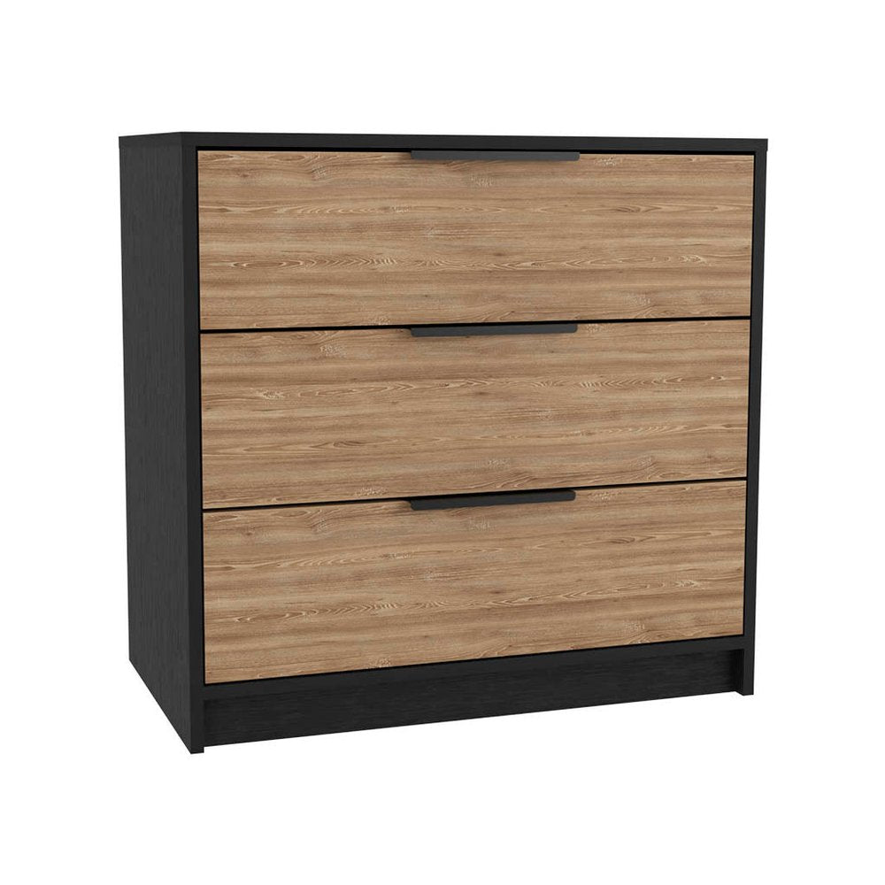 28" Black And Oak Wood And Metal Three Drawer Dresser — view 3