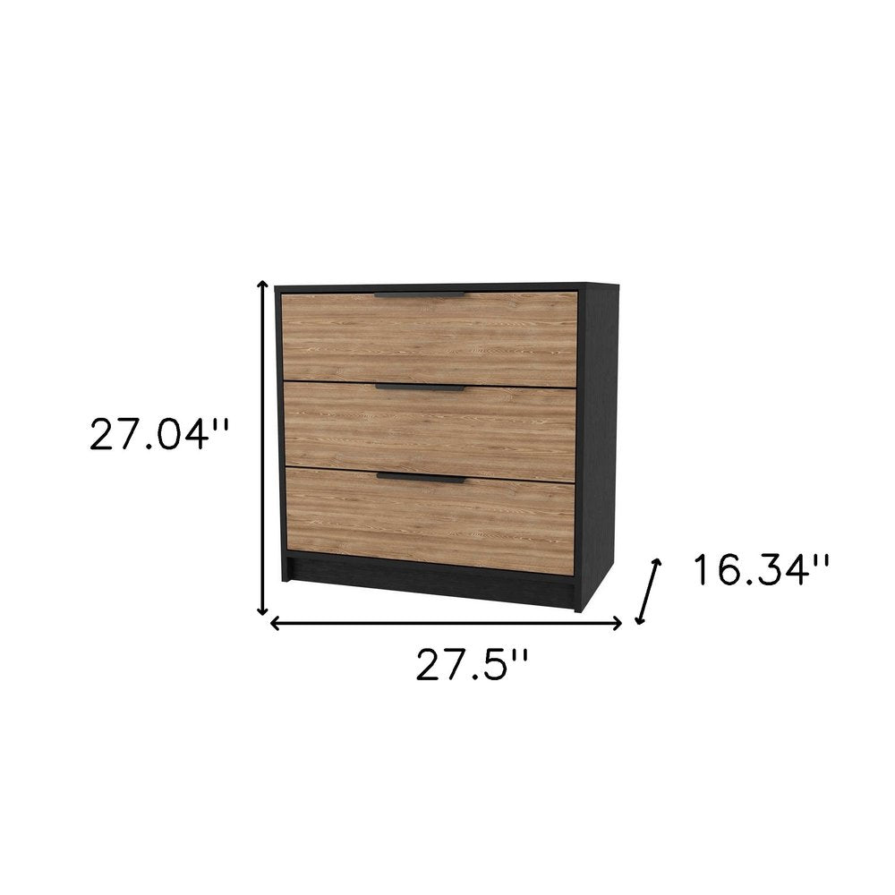 28" Black And Oak Wood And Metal Three Drawer Dresser