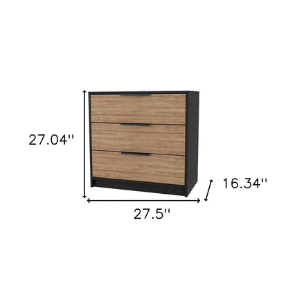 28" Black And Oak Wood And Metal Three Drawer Dresser