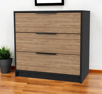 28" Black And Oak Wood And Metal Three Drawer Dresser