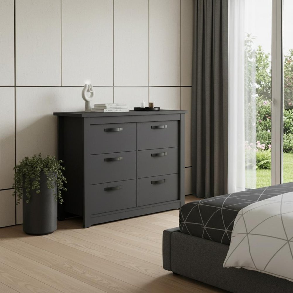 47" Black Wood And Metal Six Drawer Double Dresser — view 3
