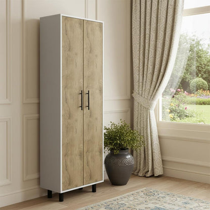 24" White and Light Brown Wood Accent Cabinet With Two Doors