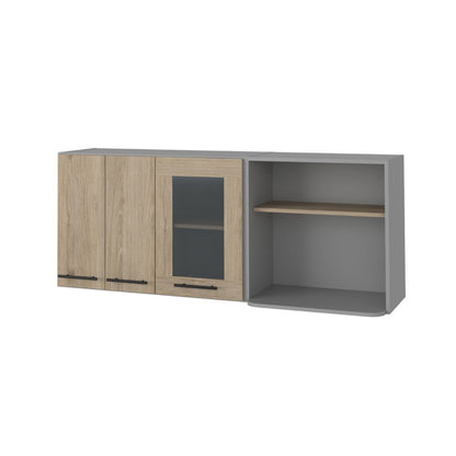 59" Gray and Natural Wood Wall Mounted Accent Cabinet With Three Doors