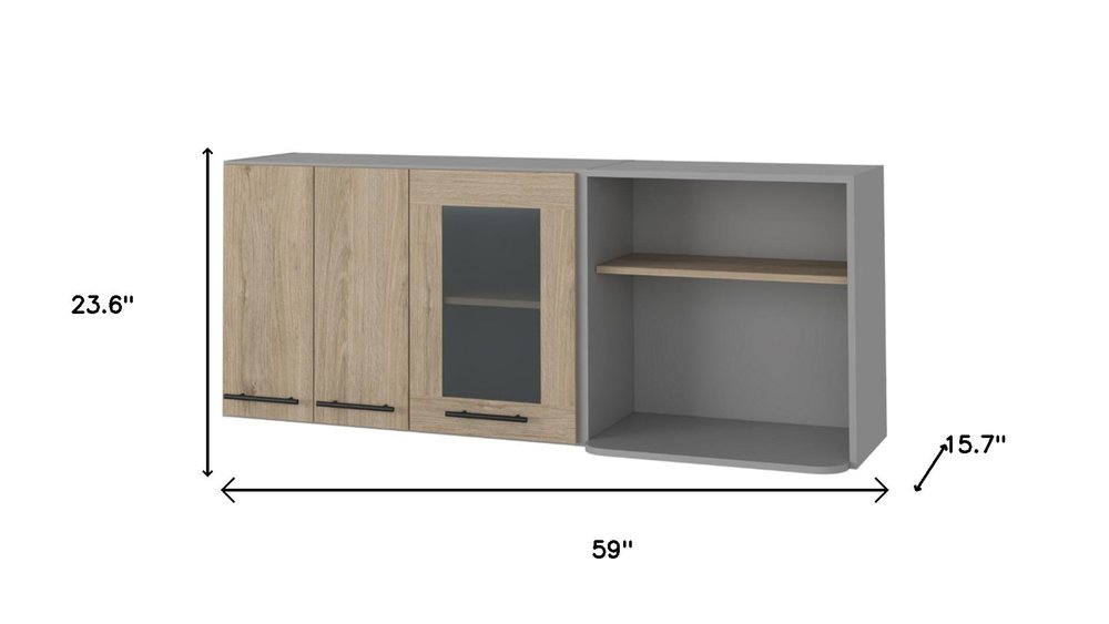 59" Gray and Natural Wood Wall Mounted Accent Cabinet With Three Doors — view 3