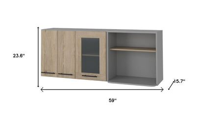 59" Gray and Natural Wood Wall Mounted Accent Cabinet With Three Doors