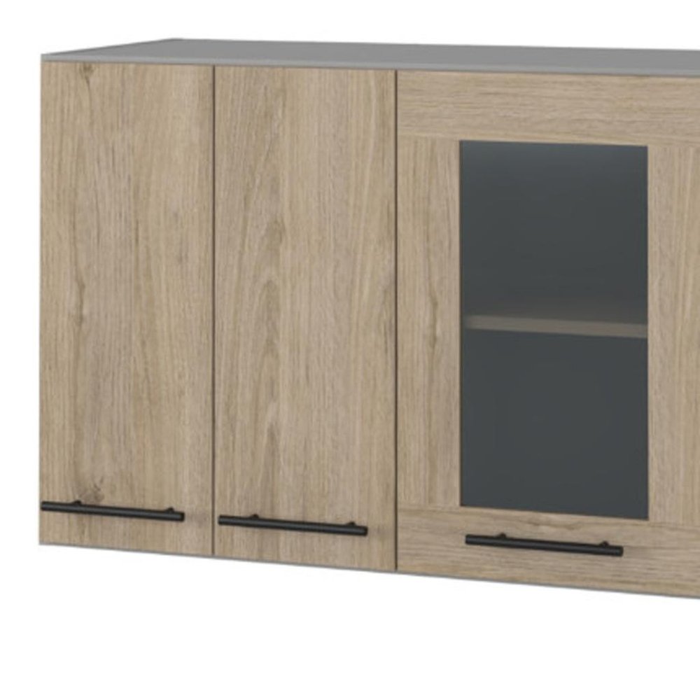 59" Gray and Natural Wood Wall Mounted Accent Cabinet With Three Doors — view 4