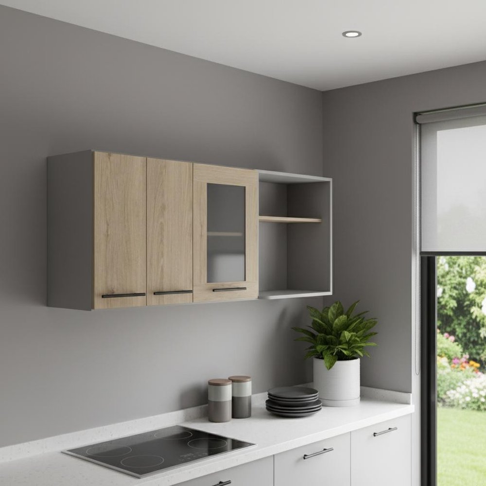 59" Gray and Natural Wood Wall Mounted Accent Cabinet With Three Doors — view 5