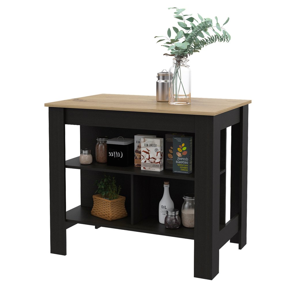 Black and Oak 41" Kitchen Island With Storage HomeRoots