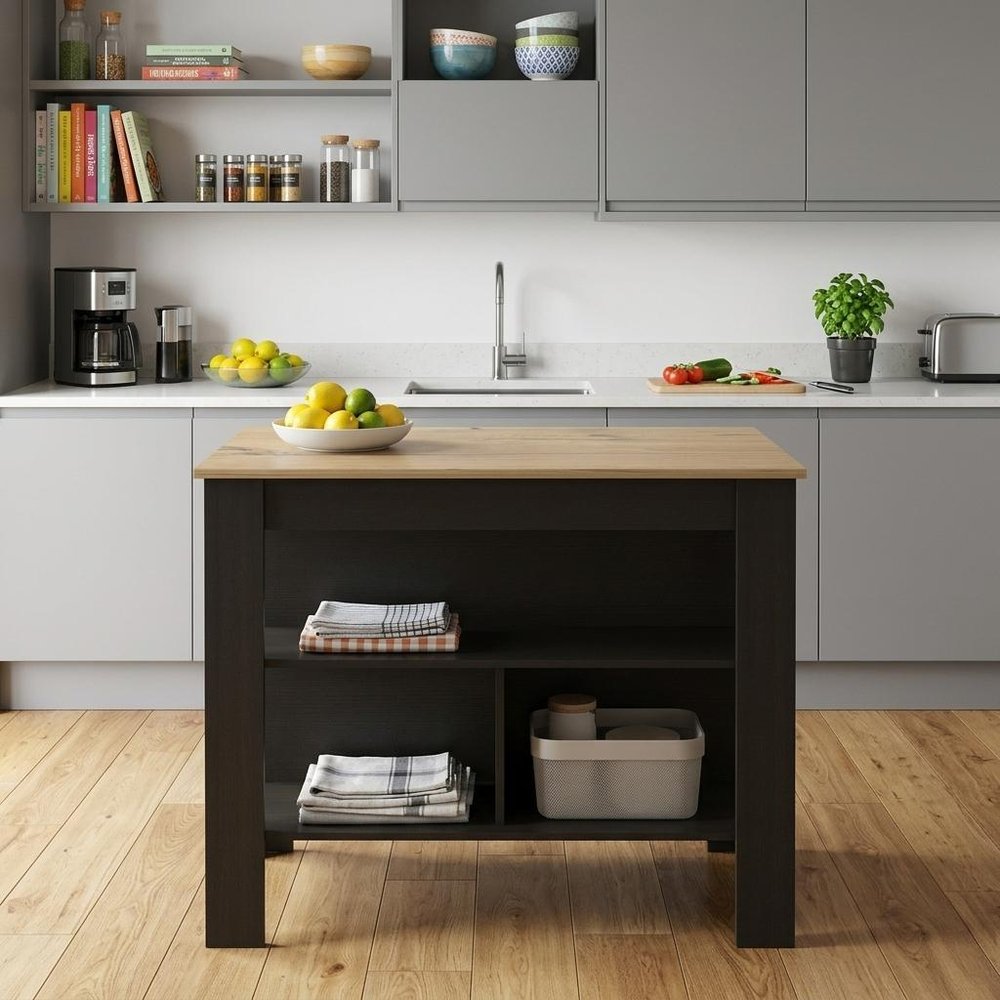 Black and Oak 41" Kitchen Island With Storage HomeRoots