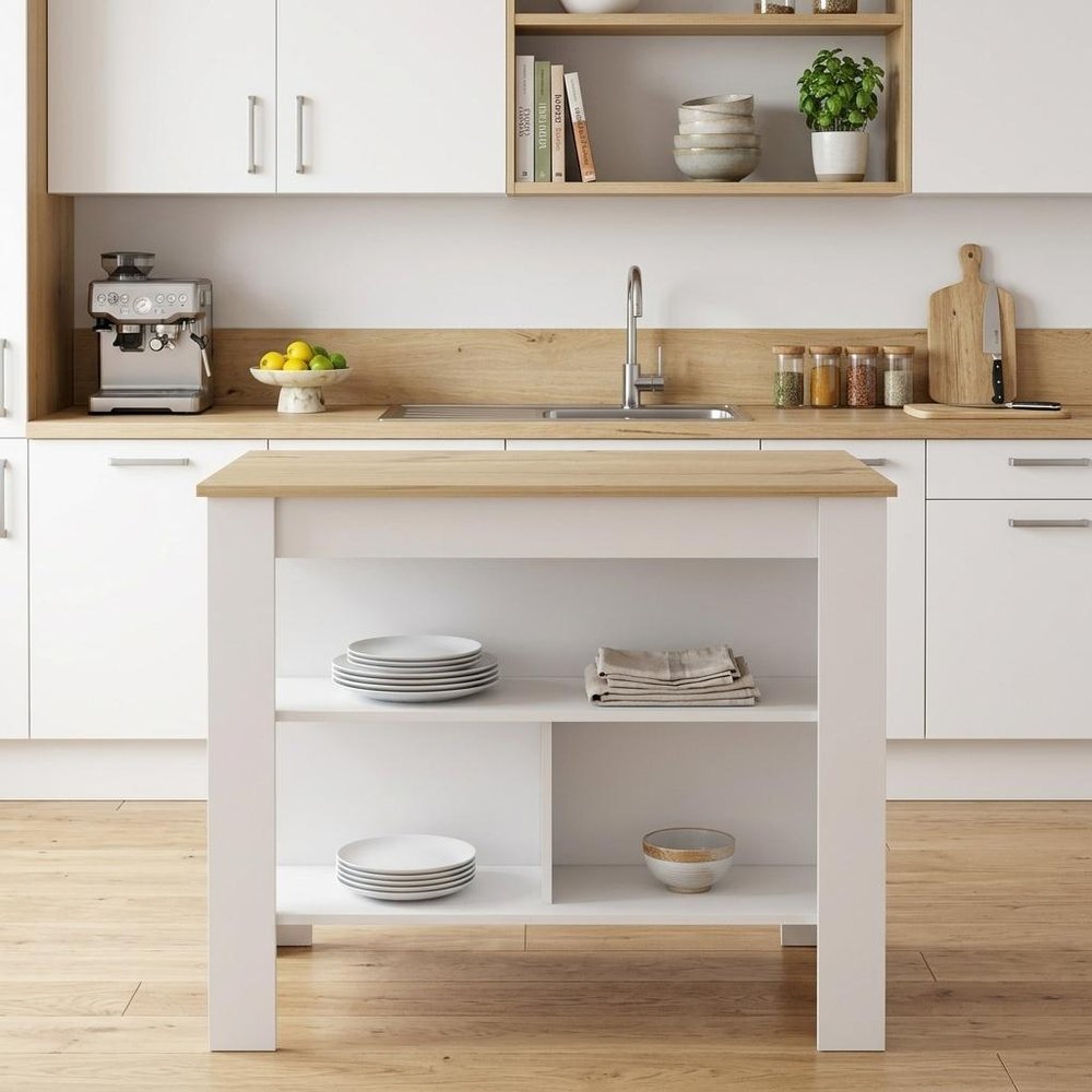 White and Oak 41" Kitchen Island With Storage HomeRoots