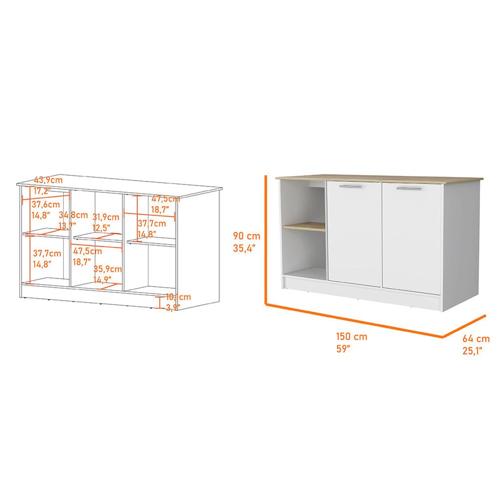White and Oak 59" Kitchen Island With Storage HomeRoots