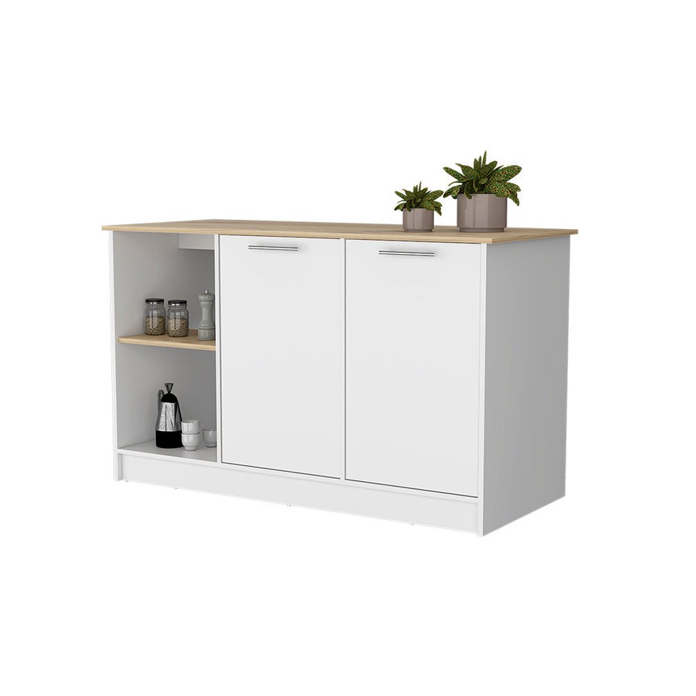 White and Oak 59" Kitchen Island With Storage HomeRoots