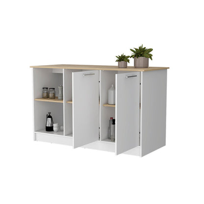 White and Oak 59" Kitchen Island With Storage HomeRoots