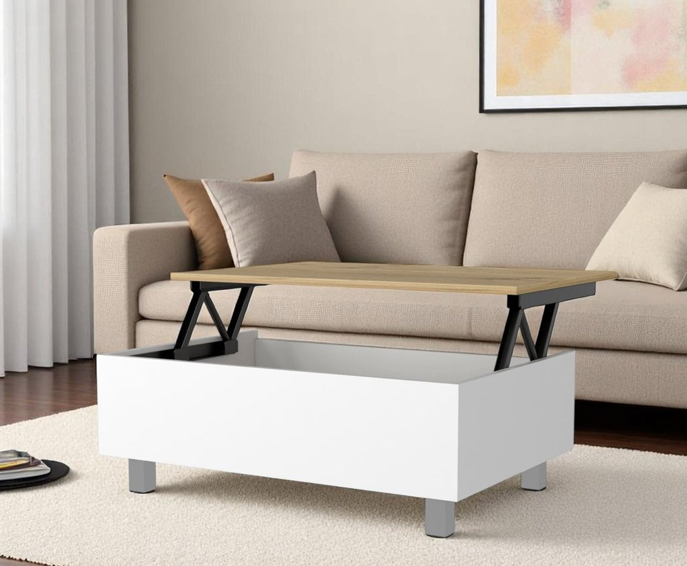 32" White And Oak Brown Wood and Metal Lift Top Coffee Table HomeRoots