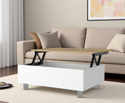 32" White And Oak Brown Wood and Metal Lift Top Coffee Table HomeRoots