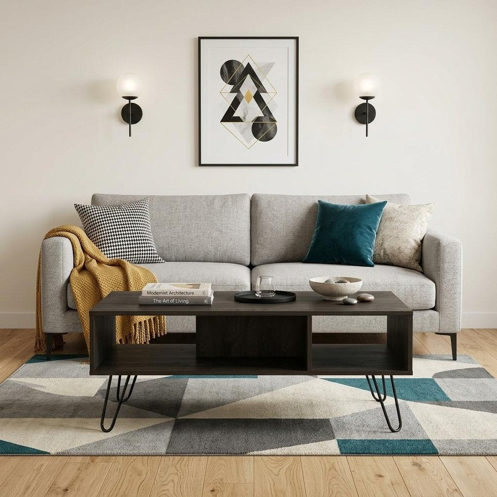 40" Espresso And Black Wood And Metal Coffee Table With Shelf — view 6