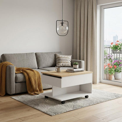 22" Natural And White Wood Lift Top Coffee Table With Two Shelves HomeRoots