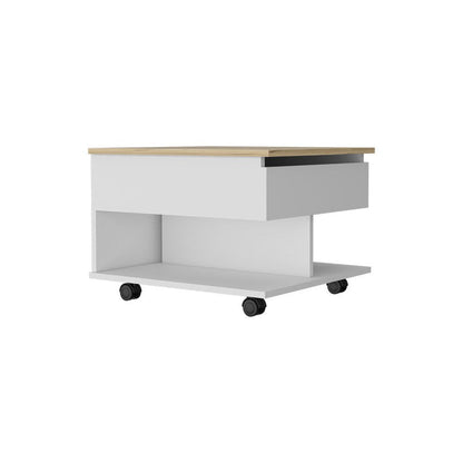 22" Natural And White Wood Lift Top Coffee Table With Two Shelves