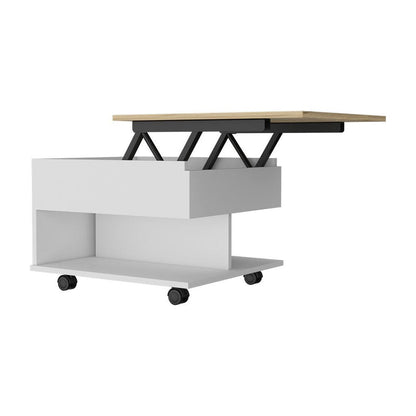 22" Natural And White Wood Lift Top Coffee Table With Two Shelves HomeRoots