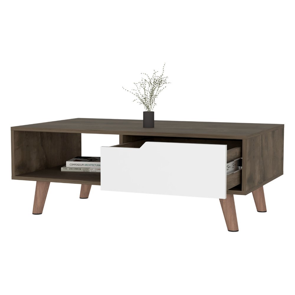 40" Brown And Brown and White Wood Coffee Table With Drawer And Shelf HomeRoots