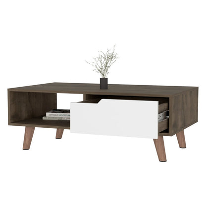 40" Brown And Brown and White Wood Coffee Table With Drawer And Shelf HomeRoots