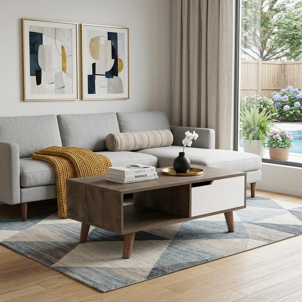 40" Brown And Brown and White Wood Coffee Table With Drawer And Shelf HomeRoots