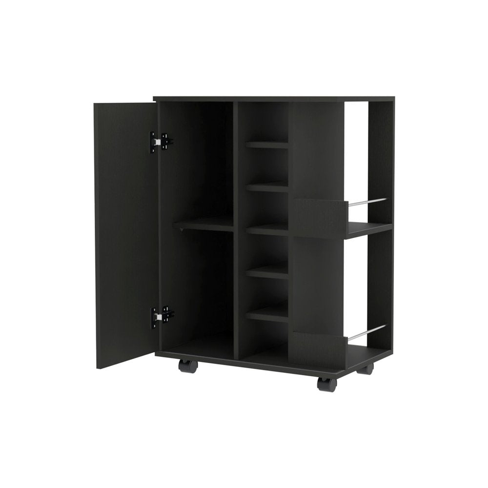 Black Rolling Bar Cart With Wine Storage — view 2