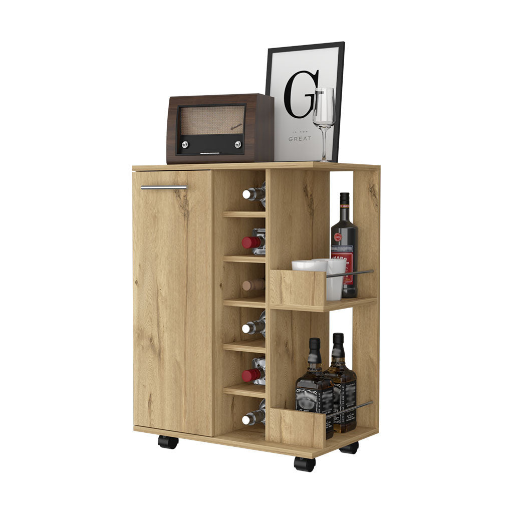 Oak Rolling Bar Cart With Wine Storage